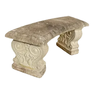 Vintage Classical Style Cast Stone Double Pedestal Curved Garden Bench