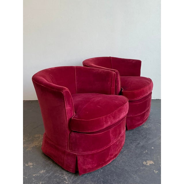 Ruby Red Vintage Custom Red Velvet Swivel Chairs - A Pair For Sale - Image 8 of 12