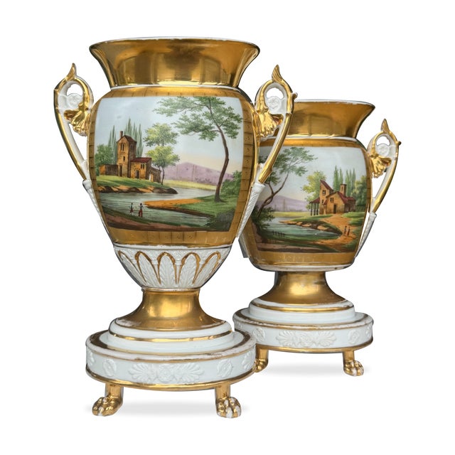 Empire-Style Gilt Porcelain Landscape Vases With Paw Feet — Set of Two For Sale In New York - Image 6 of 6