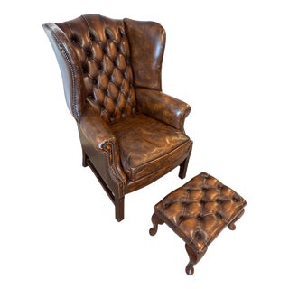 Set of Vintage English Chesterfield Leather Wingback Chair with Ottoman, 1990s For Sale
