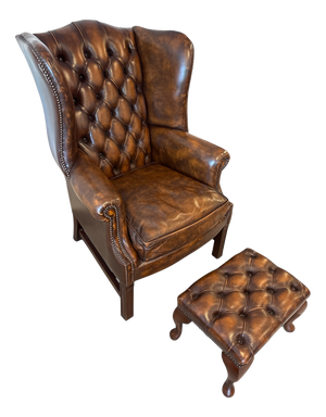 Set of Vintage English Chesterfield Leather Wingback Chair with Ottoman, 1990s