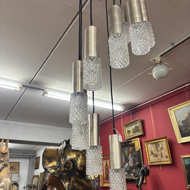 Wavy Metal and Glass Adjustable Chandelier, 1970 For Sale - Image 6 of 11