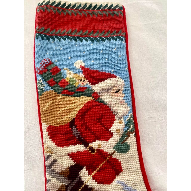 Traditional Vintage Skiing Santa Claus 100% Wool Needlepoint Christmas Stocking 1991 Peking Handicraft Excellent Condition For Sale - Image 3 of 13