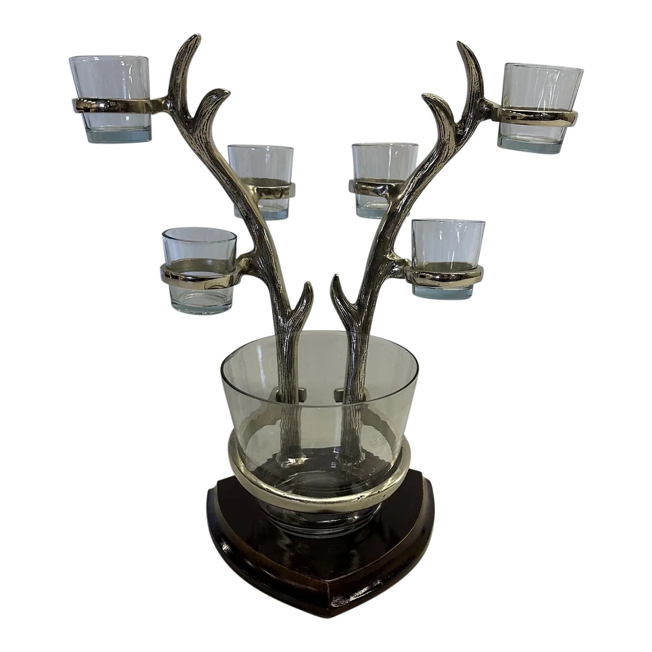 Cast Aluminum Ice Bucket With Antler Motif Stand and Matching Glasses