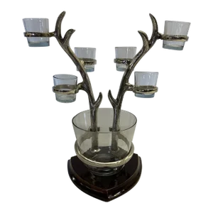 Cast Aluminum Ice Bucket With Antler Motif Stand and Matching Glasses