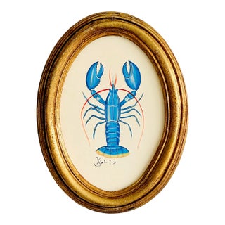 Original Hand-Painted Blue Lobster Paintings in a Vintage Italian Frame For Sale