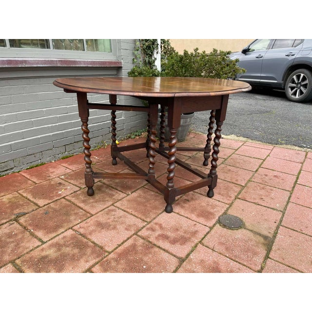 Brown Antique English Table Drop Leaf Gateleg Barley Twist Oak Oval C. 1920-30s For Sale - Image 8 of 10