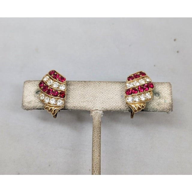 Trifari Vintage 1980s Signed Trifari Goldtone Faux-Ruby & Clear Rhinestone Clip Earrings-2 Pieces For Sale - Image 4 of 7