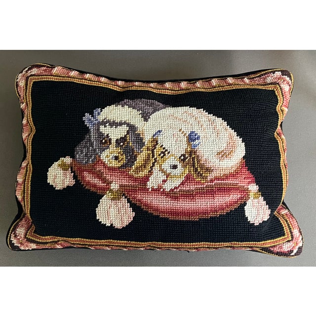 Mid-Century Modern Needlepoint Dog Pillow of King Charles Spaniels For Sale - Image 3 of 10