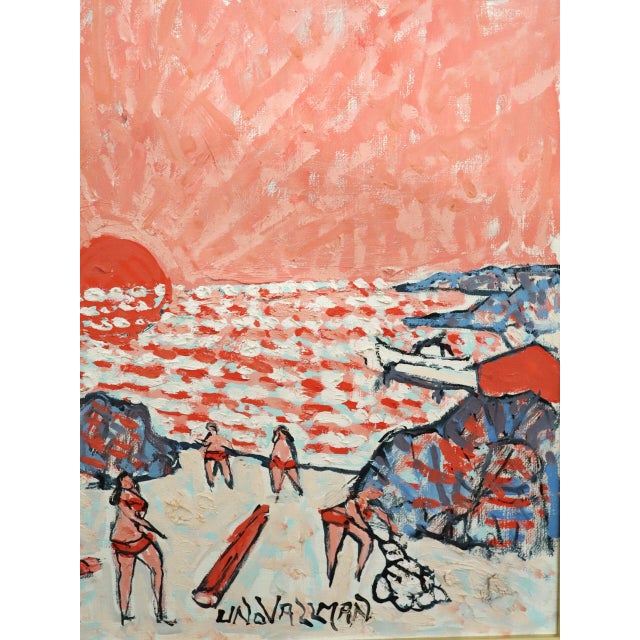 Mid-Century Modern 'Coral Sunset' Original Coastal Landscape Oil Painting by Swedish Artist Uno Vallman (1913-2004), Framed For Sale - Image 10 of 13