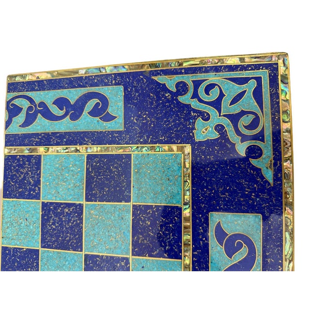 Handmade Wooden Backgammon & Chess Board Lapis, Turquoise & Mother of Pearl For Sale - Image 13 of 14