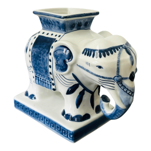Vintage Petite Bombay Company Blue & White Elephant Vase Planter – Chinoiserie Porcelain Elephant Cachepot, Made in Thailand