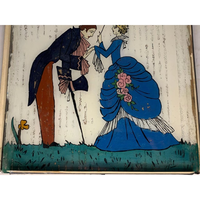 Early 20th Century Early 20th Century Art Deco Reverse Painted Glass Courting Scene: Victorian Picture For Sale - Image 5 of 9