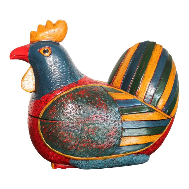 Early 20th Century Northern Thailand Painted Wood Rooster With Interior Cavity For Sale