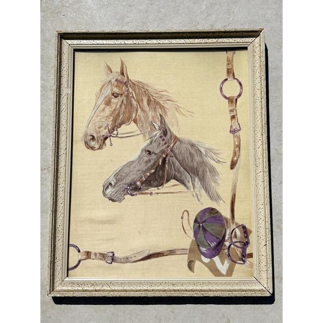 Silk horse painting, France, 1970s, a delicate work featuring two finely illustrated horse heads. Created using a silk...