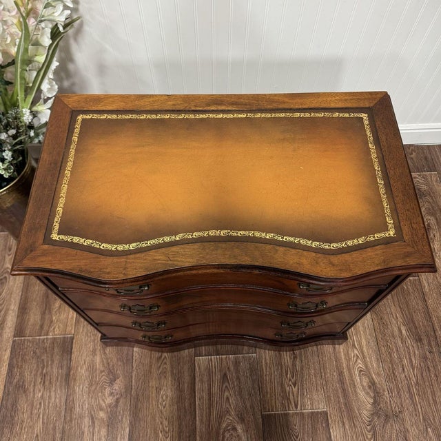 English Vintage Mahogany Serpentine Chest W/ Leather Top For Sale - Image 3 of 10
