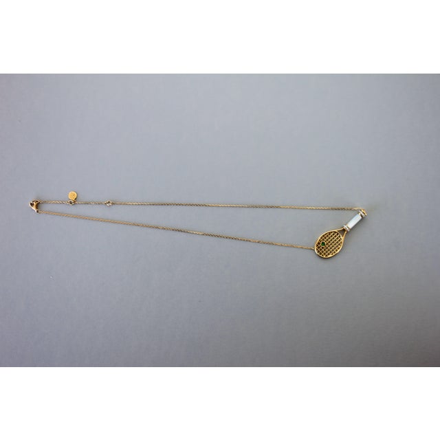 Contemporary Diamond White Pearl Emerald 18 Karat Gold Tennis Racket Charm Pendant Necklace For Sale - Image 3 of 17