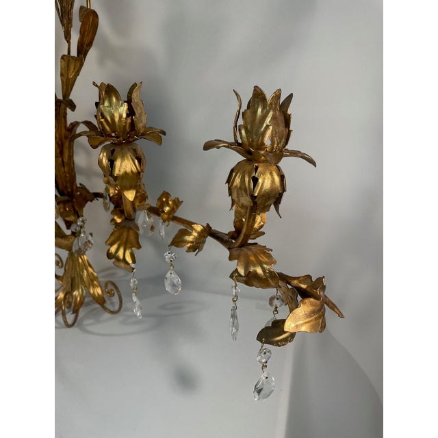 Large Mid 20th Century Italian Gilt Tole Candelabra Style Sconce With Crystals For Sale - Image 4 of 17