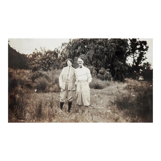 1920s Couple Dressed for Adventure Sepia Snapshot Photograph For Sale