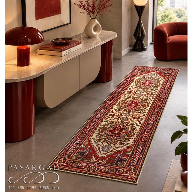 Fine Hand Knotted Ivory Serapi Design Runner For Sale - Image 4 of 4