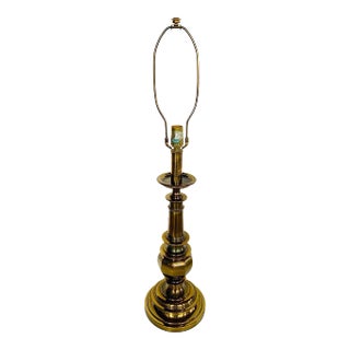 Vintage Mid 20th Century Stiffel Cast Brass Table Lamp With Original Lampshade For Sale