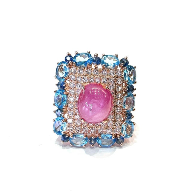 Pink Bochic “Capri” Ruby & Topaz & Blue Topaz Ring Set In 18K Gold & Silver For Sale - Image 8 of 12