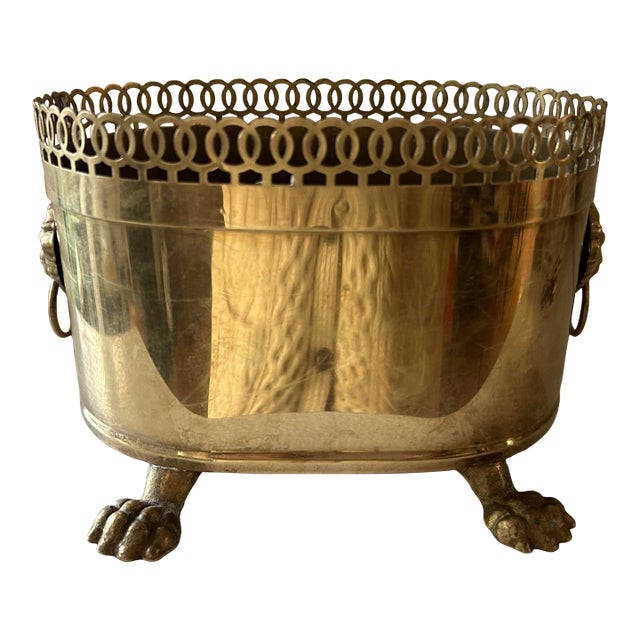 Vintage Brass Jardinière With Lion Handles and Paw Feet For Sale