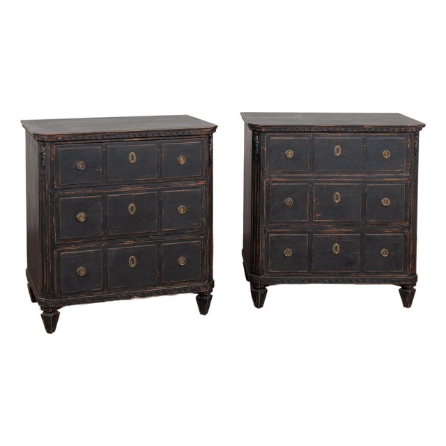 Pair of 19th Century Swedish Gustavian Black Painted Chests of Drawers For Sale
