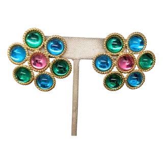 Vintage 1992 Signed Napier Pastel Cabochons Pierced Earrings- 2 Pieces For Sale