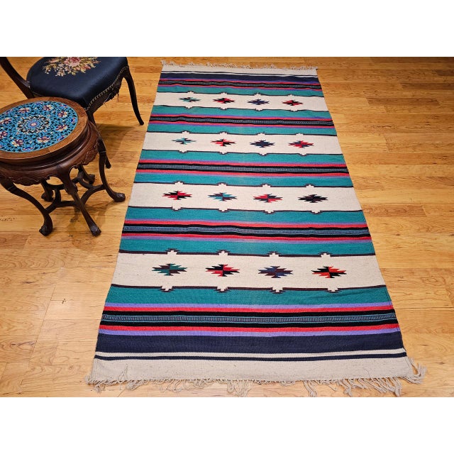 1900 - 1909 Vintage American Southwestern Kilim, Handwoven Wool, Stripe Pattern, Ivory & Green, 4x8 For Sale - Image 5 of 16