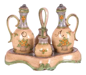 1990s Italian Hand Painted Ceramic Oil, Vinegar, Salt and Pepper Cestino