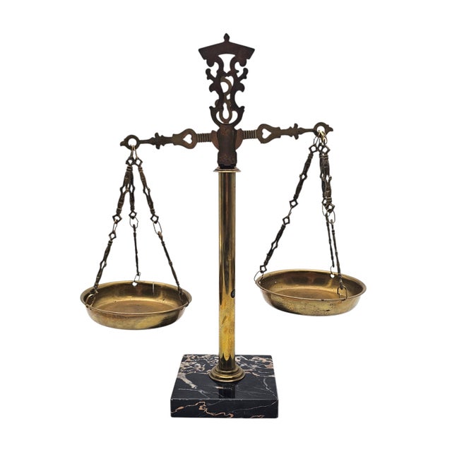 Victorian Mid Century Scales of Justice Brass Marble Desk Sculpture 13" For Sale - Image 3 of 13