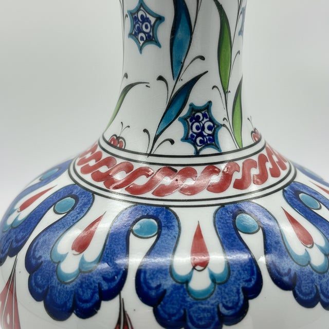 Handmade Ceramic Iznik Bottle Vase with Lid Red Tulip and Geometric Pattern For Sale - Image 4 of 9