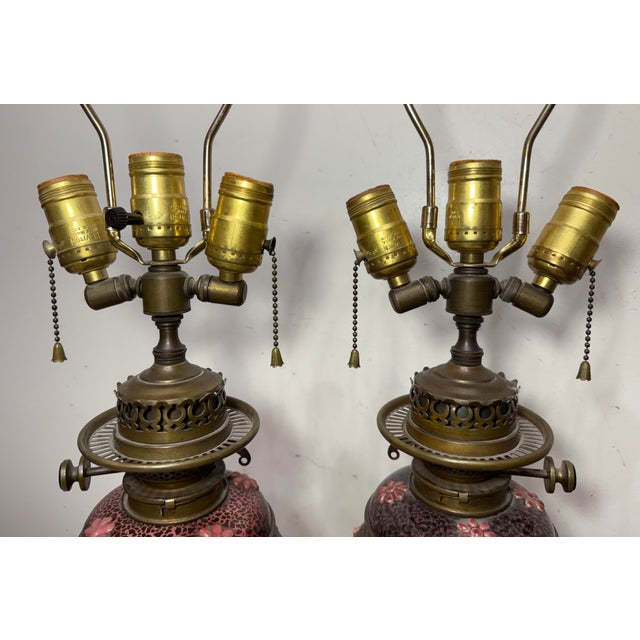 Metal Rare Pair Antique 19th Century Hinks & Son Duplex Electrified Porcelain Bronze Oil Lamp For Sale - Image 7 of 15