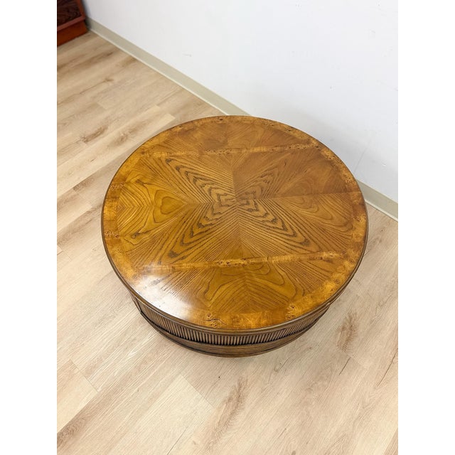 Mid 20th Century Pencil Reed Rattan Burlwood Inlay Round Coffee Table Gabriella Crespi Style Rare For Sale In Tampa - Image 6 of 12