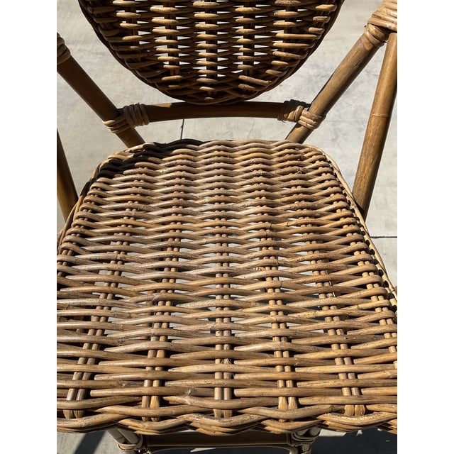 Pair of Vintage French Bistro Bar Stools With Oval Medallion Backs in Honey Woven Rattan For Sale - Image 9 of 12