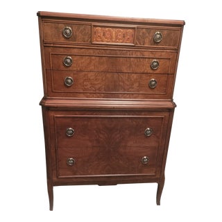Early 20th Century Flame Mahogany Highboy Dresser With Beautiful Marquetry Inlay For Sale