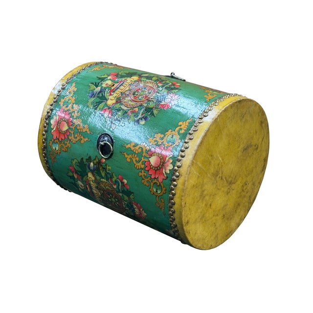 Wood Teal Turquoise Green Tibetan Drum Style Lotus Jewel Graphic Table Stool For Sale - Image 7 of 11