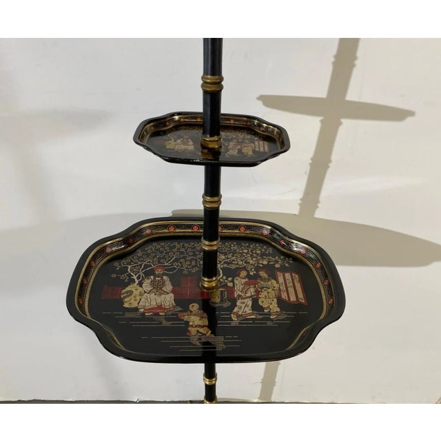 English chinoiserie floor lamp. Faux-bamboo with Asian decoration. It is wired for the US.