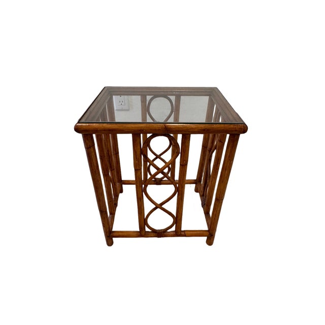 Vintage Burnt Bamboo Rattan Nesting Tables With Glass Tops, Set of 3, C. 1970s For Sale - Image 15 of 17
