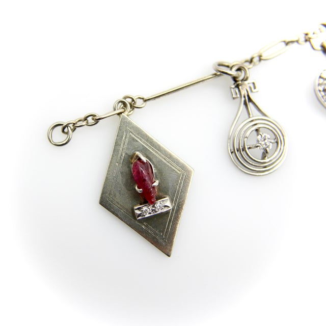 Art Deco 1920s Art Deco 14k Gold and Platinum Diamond and Gem Set Charm Bracelet For Sale - Image 3 of 12