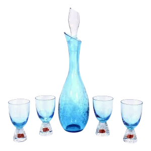 1960's Portuguese Controlled Bubble Blue Glass Decanter Set- 5 Pieces