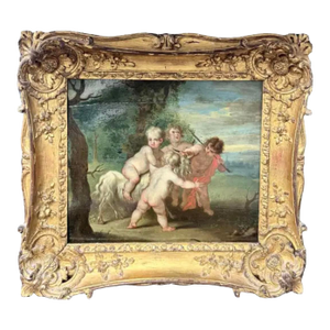 French School, Four Frolicking Putti Painting, 18th Century Oil on Board