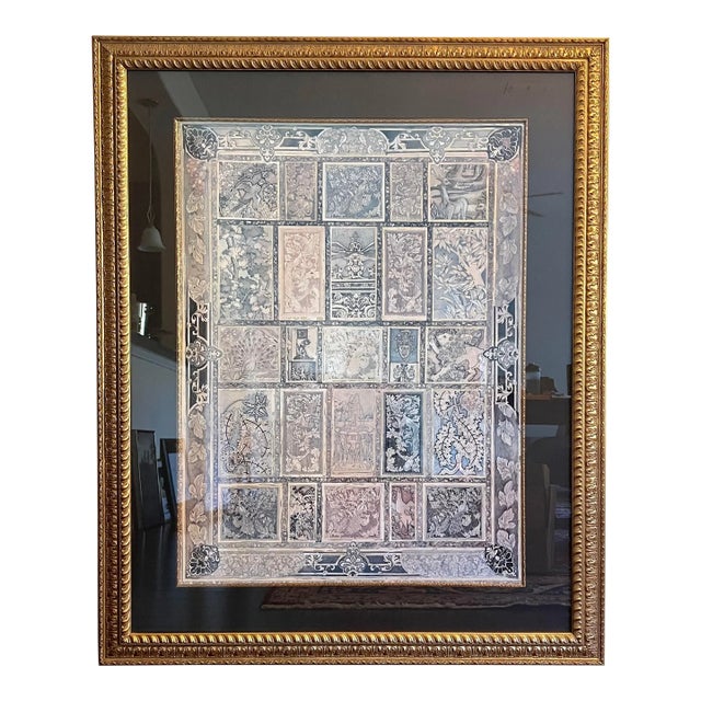 1990s Large Framed Tapestry-Style Art Print With Heraldic & Botanical Motifs - 4.5 Ft. Tall For Sale