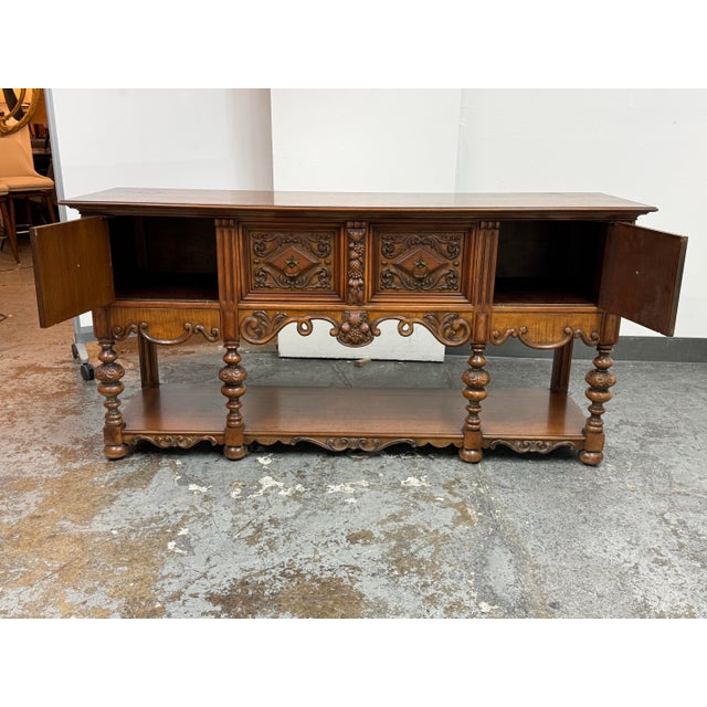Empire Furniture Empire Manufacturing Company Tudor Revival Carved Walnut Console Server, Circa 1920's For Sale - Image 4 of 12