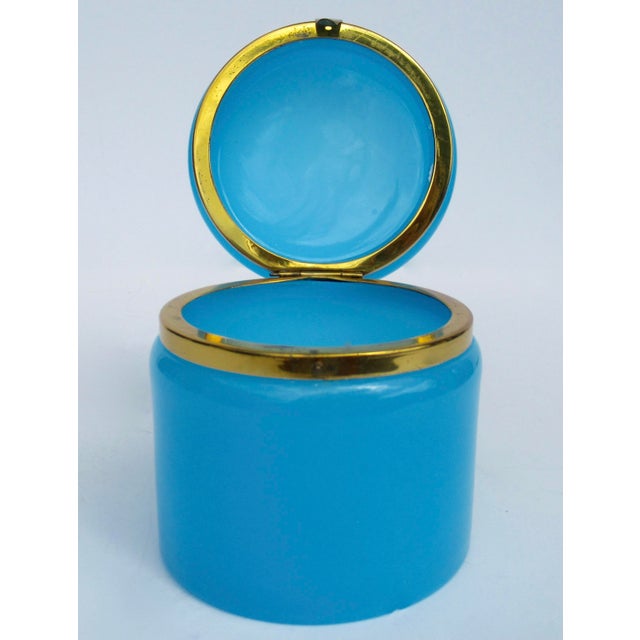 French C.1920's-30's French Blue Opaline Lidded Round Brass Trimmed Lidded Keepsake Box For Sale - Image 3 of 12