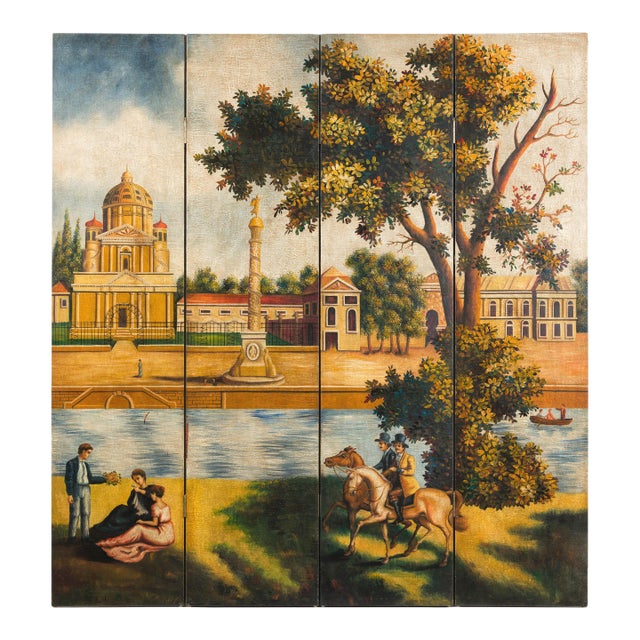Hand-Painted Folding Screen with Romantic European Countryside and Architecture For Sale