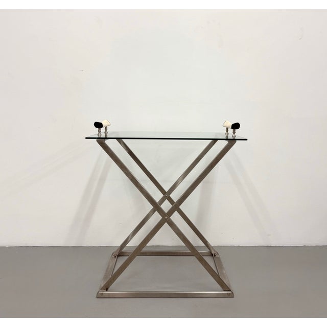 Vintage Stainless Steel & Glass Serving Table With Horn Handles For Sale In West Palm - Image 6 of 7