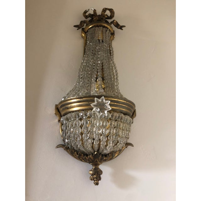 Antique Gilt Bronze Crystal Beaded French Chandelier Wall Sconces 4