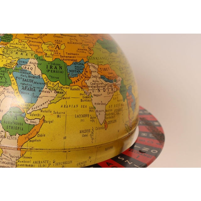 Vintage Replogle Yellow and Red Tin Litho "Globe Grams' Spinning World Globe For Sale - Image 11 of 18
